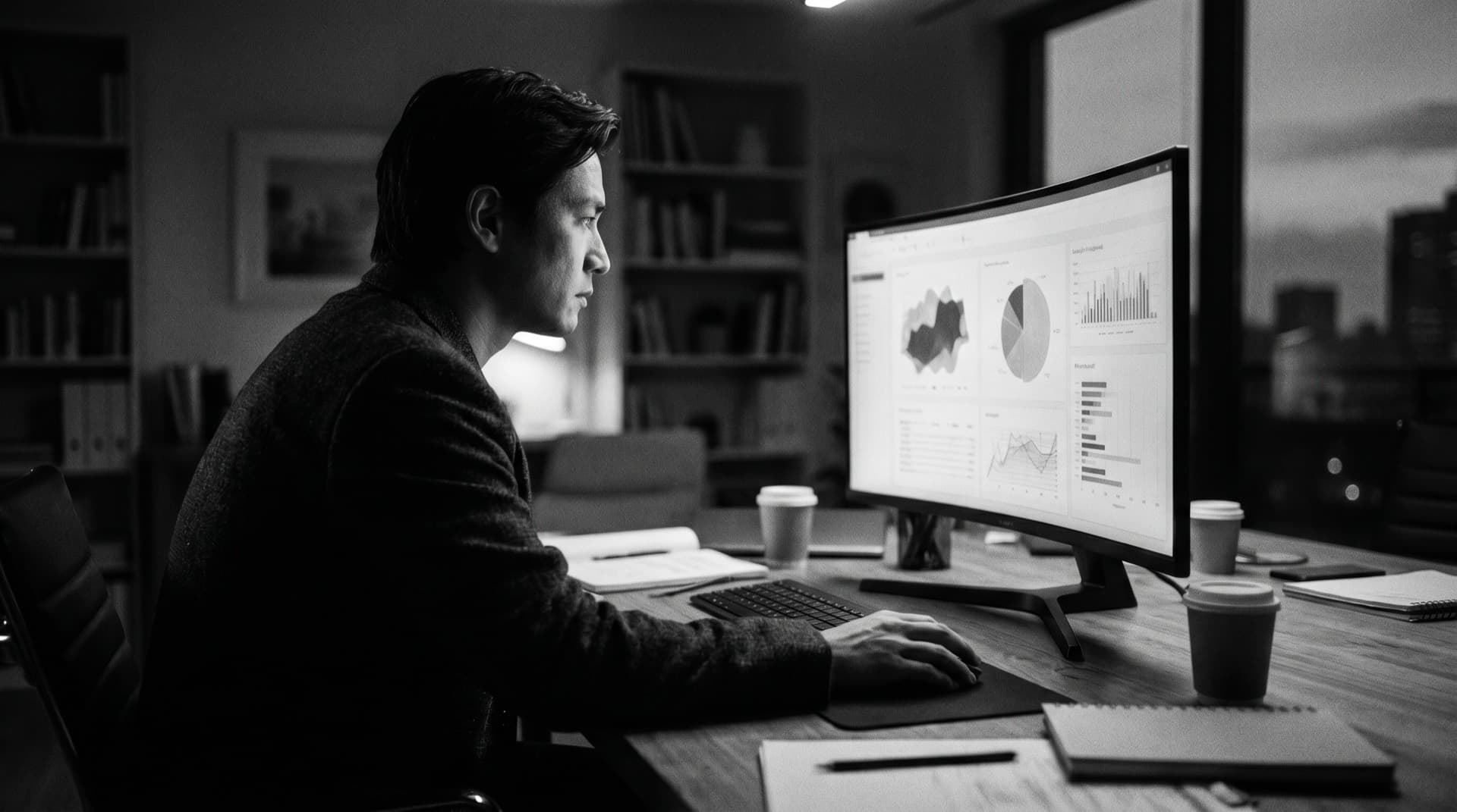 Man studying data charts on a large curved monitor in a dim office at dusk