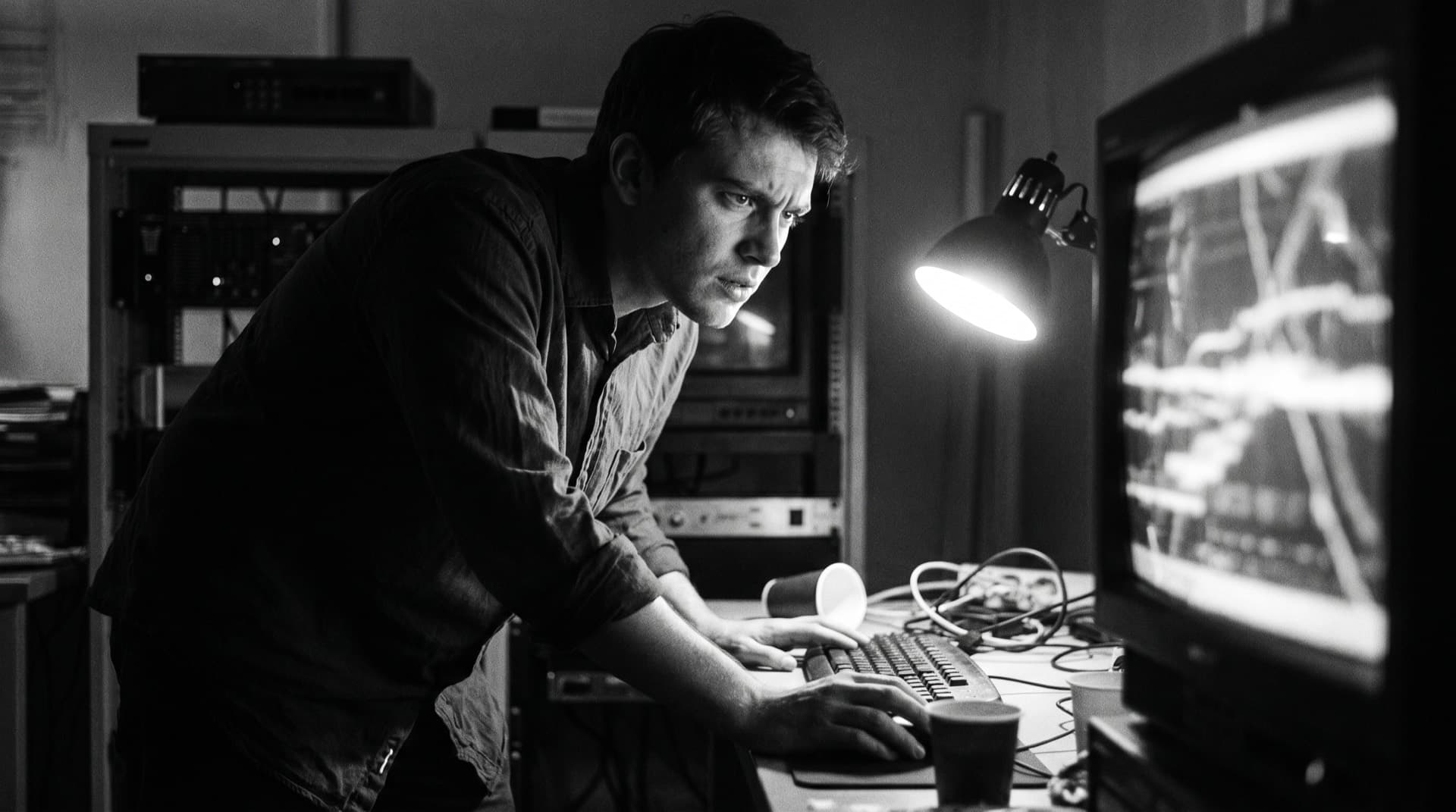 Man leaning toward a glowing monitor in a dim room, probing a system with intense focus