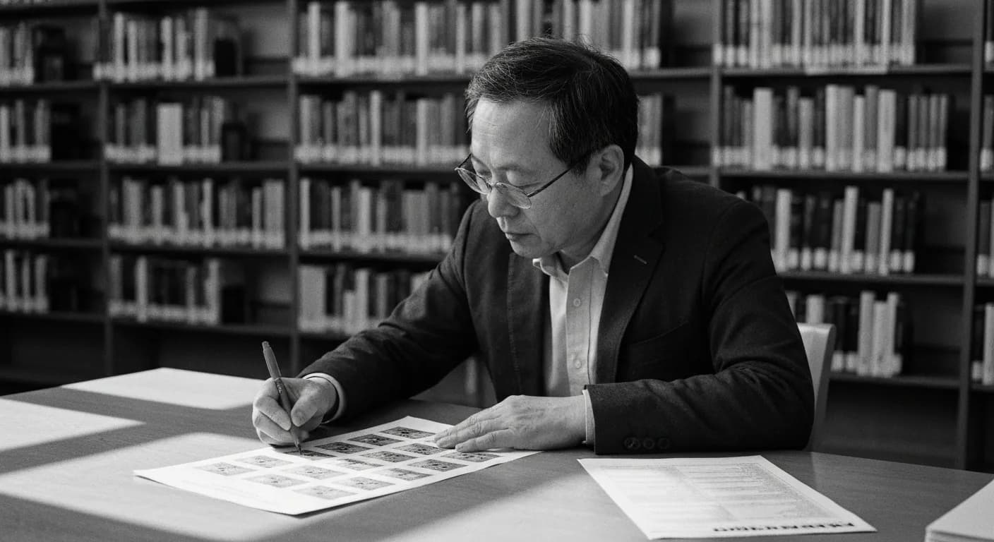 Man at library table marking printed documents with a pen, comparing them against a reference sheet, surrounded by stacked pa