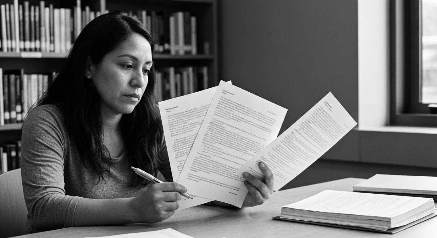 Woman comparing multiple printed text outputs side-by-side, marking evaluation notes with pen against a reference rubric shee