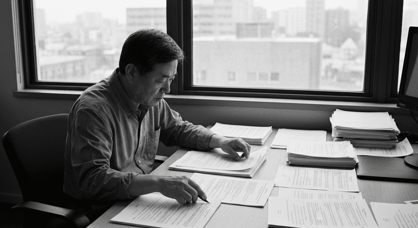Man at desk organizing and comparing multiple printed documents into piles, studying one sheet intently against a reference p