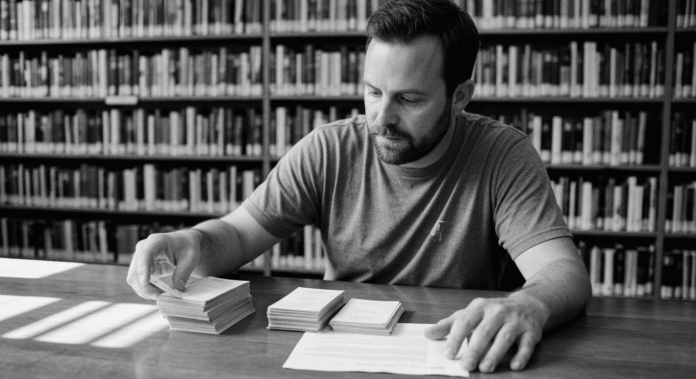 Man comparing two stacks of printed response cards at a library table, marking preferences between AI-generated and reference