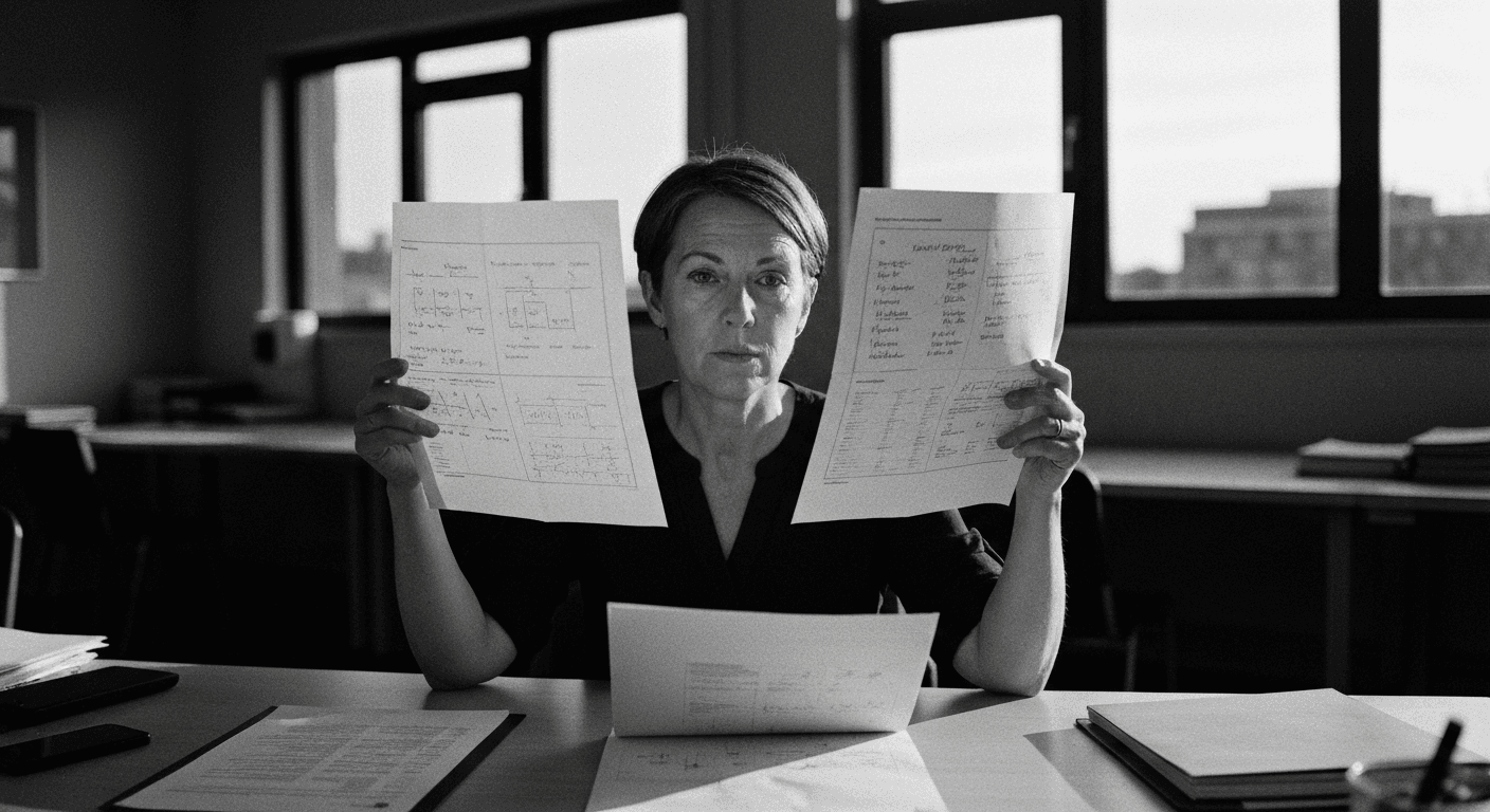 Woman holding two conflicting annotated sheets side by side, comparing them against a reference sheet on desk below