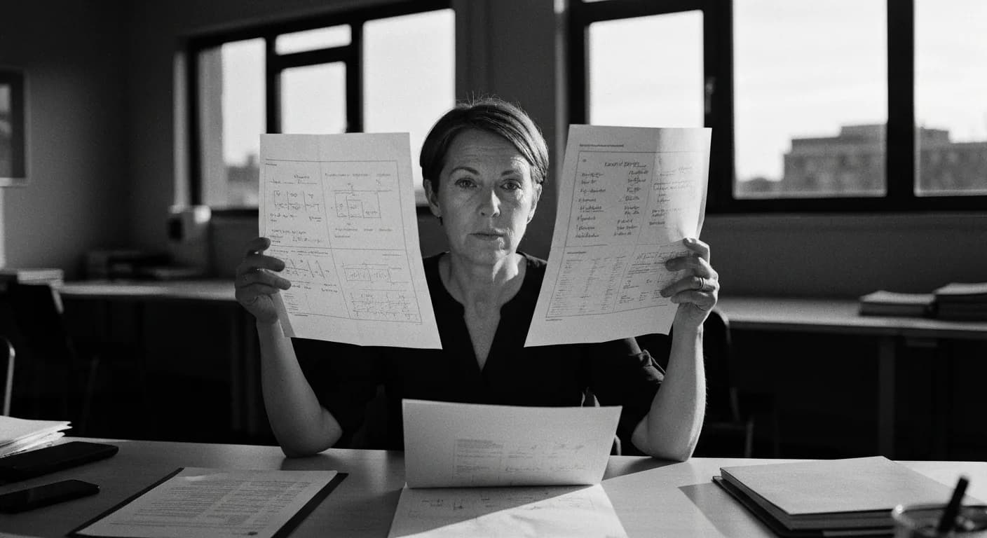 Woman holding two conflicting annotated sheets side by side, comparing them against a reference sheet on desk below