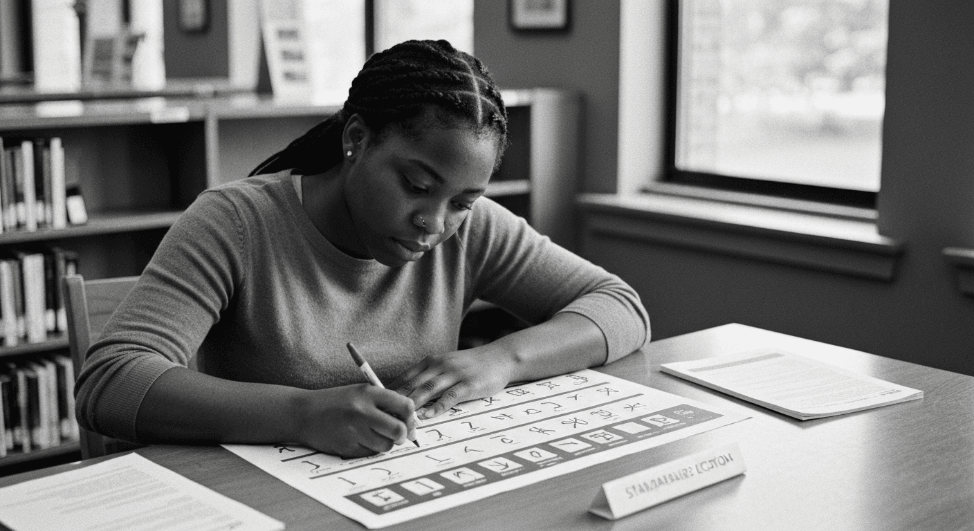 Woman marking printed image grid with a pen, reference sheet beside her, university library shelves in background