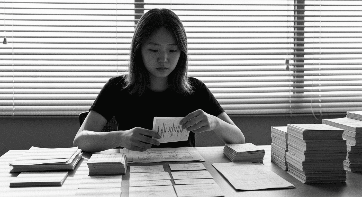 Woman organizing labeled cards into hierarchical groupings and nested categories on a table