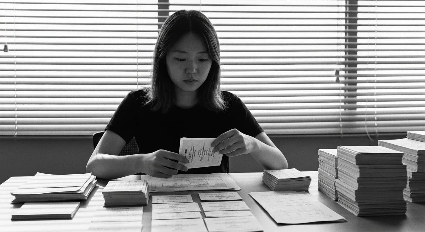 Woman organizing labeled cards into hierarchical groupings and nested categories on a table