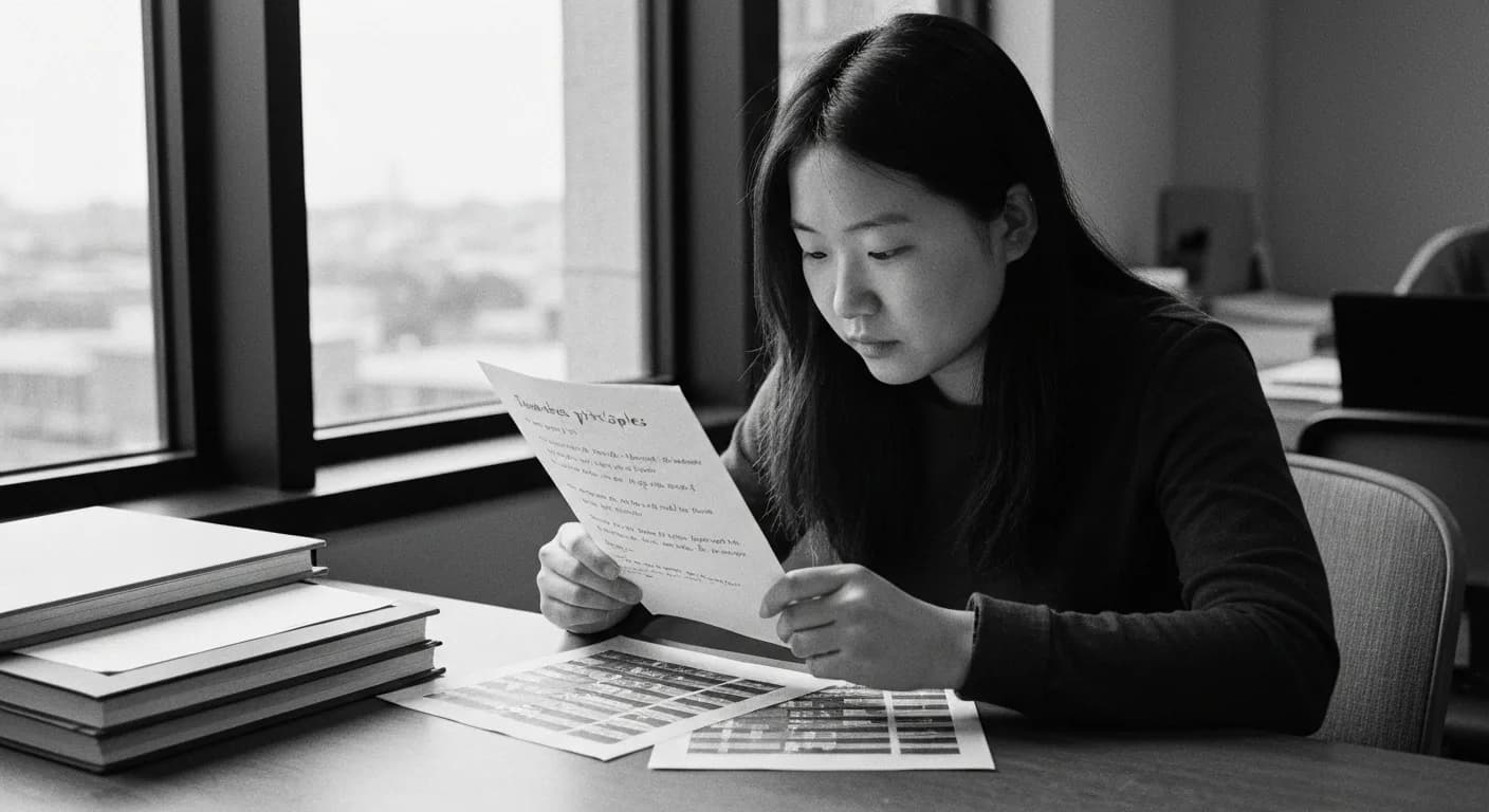 Woman holding a principles sheet while annotating AI-generated responses against it, comparing each output to a written stand