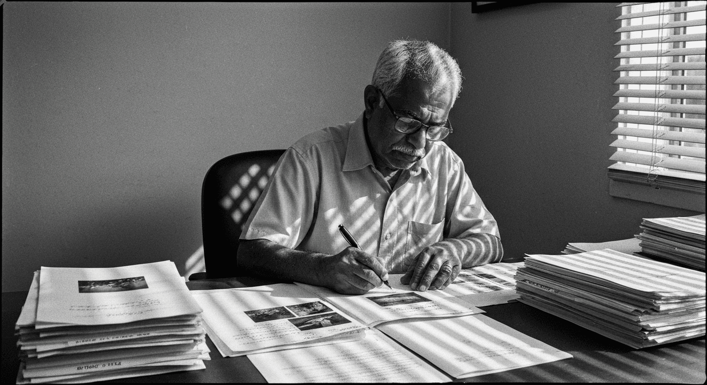 Man annotating printed images and documents with handwritten labels, comparing marked-up pages to unmarked originals on a des