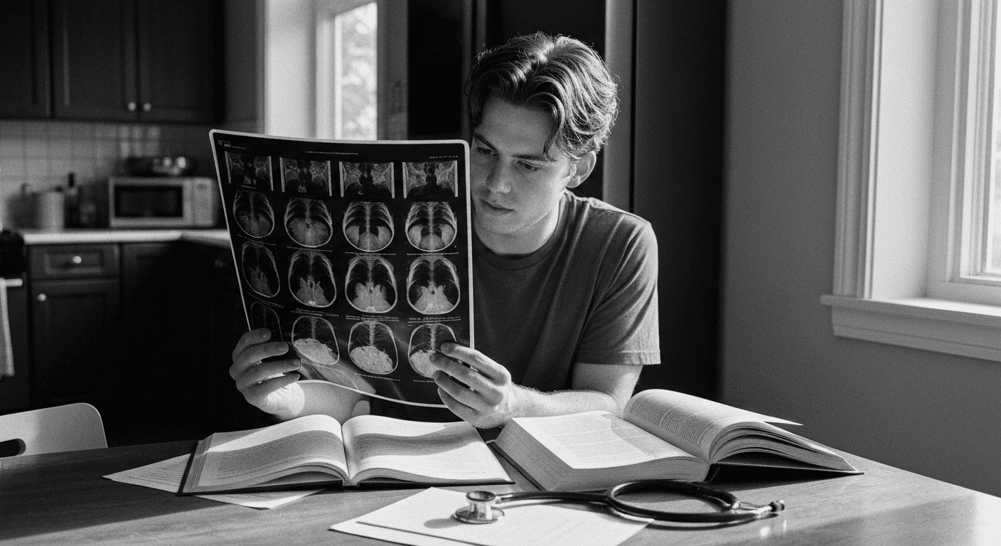 Man comparing medical scan against textbook reference material at kitchen table, pen in hand, early morning light