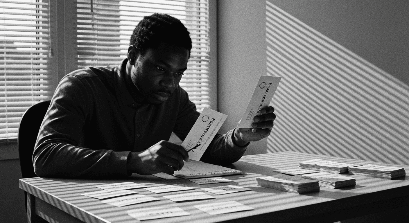 Man comparing two printed cards side-by-side, marking one preferred; multiple card pairs sorted on desk.