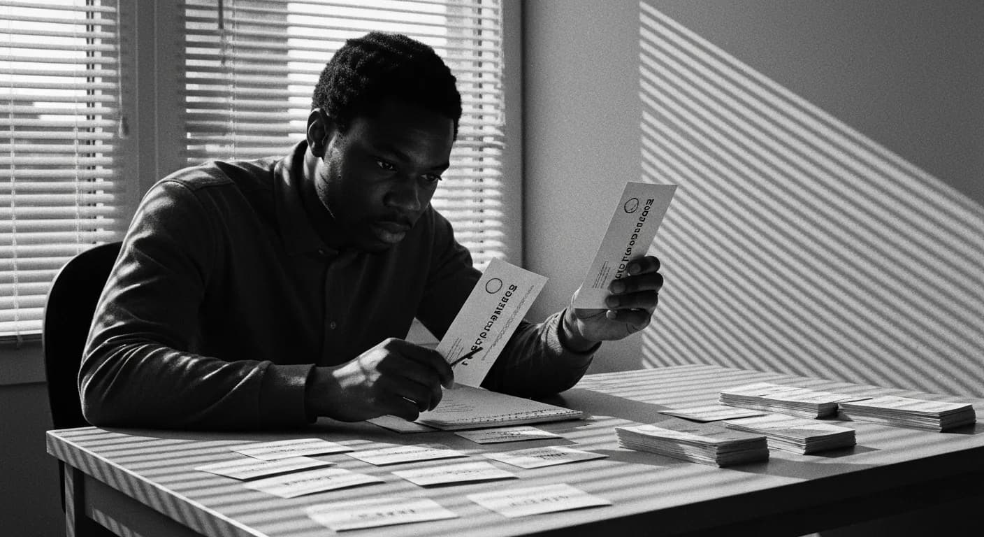 Man comparing two printed cards side-by-side, marking one preferred; multiple card pairs sorted on desk.