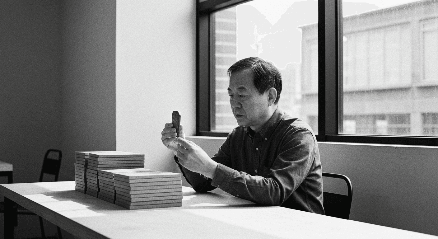 Man holding up one unusual object extracted from a uniform stack, examining it closely at a table by a window.