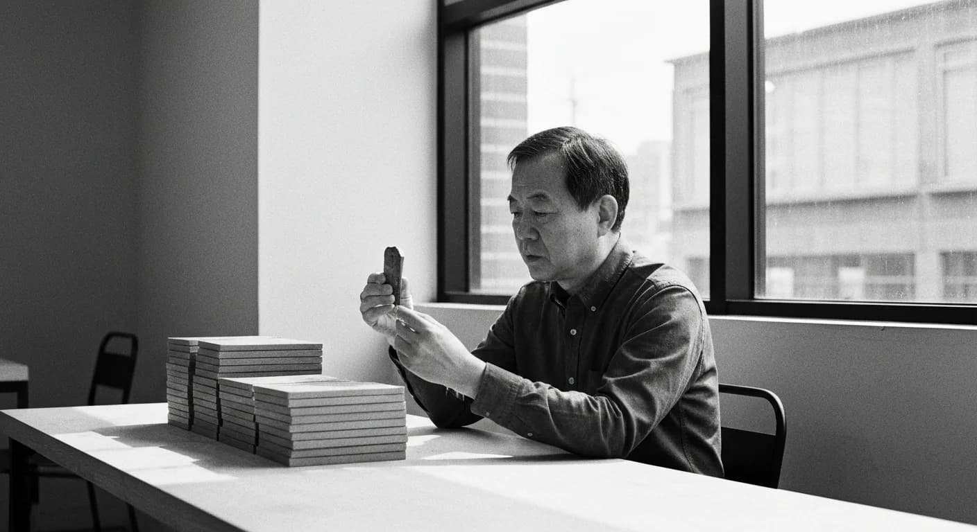 Man holding up one unusual object extracted from a uniform stack, examining it closely at a table by a window.