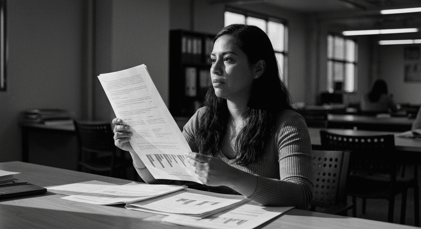 Woman comparing two marked documents side by side, one checked and one crossed, with a spread of reference sources on her des