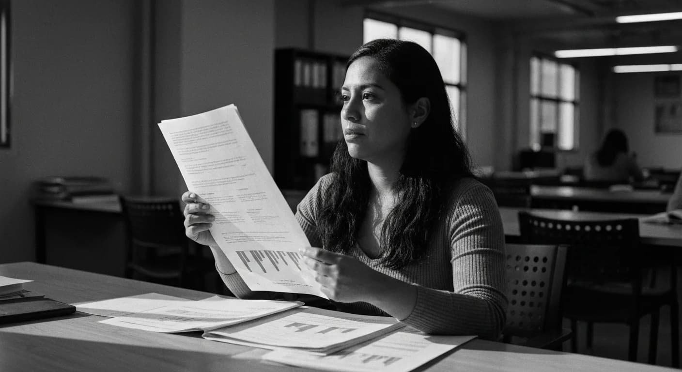 Woman comparing two marked documents side by side, one checked and one crossed, with a spread of reference sources on her des