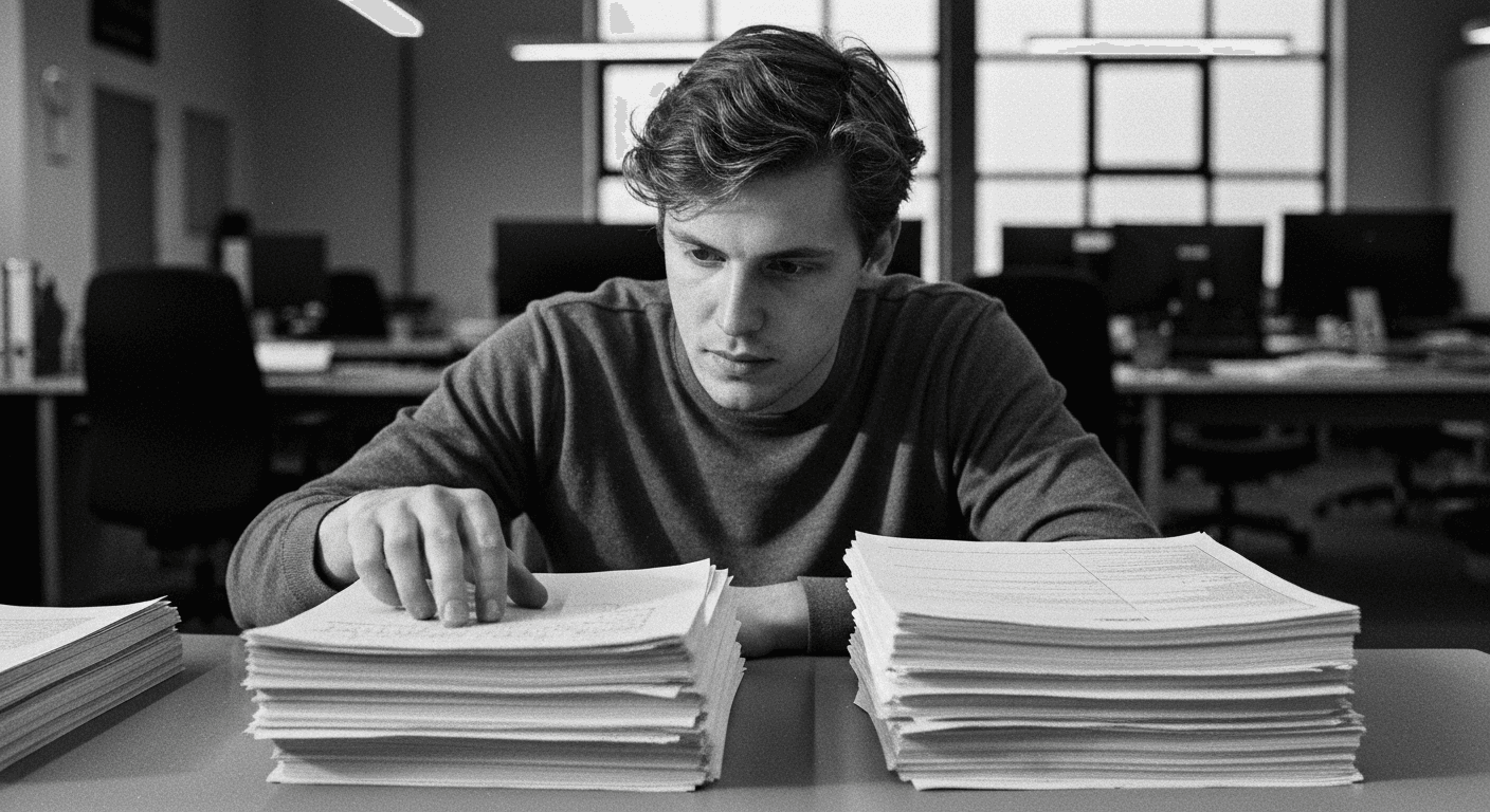 Man comparing two stacks of printed documents side-by-side, tracing between handwritten corrections and machine-printed pages