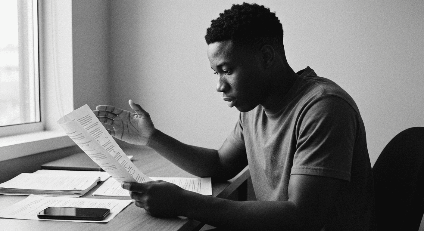 Man at desk comparing two documents with uncertain gesture, additional papers and phone visible, studying payment terms.