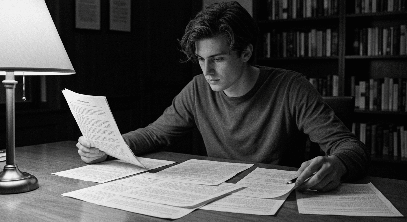 Man at desk comparing a single document to a large stack of papers under warm lamp light, examining details closely.