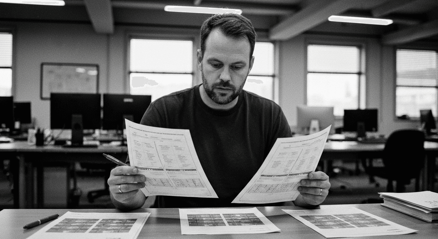 Man comparing two printed documents at his desk, marking differences with a pen while a stack of similar sheets sits nearby.