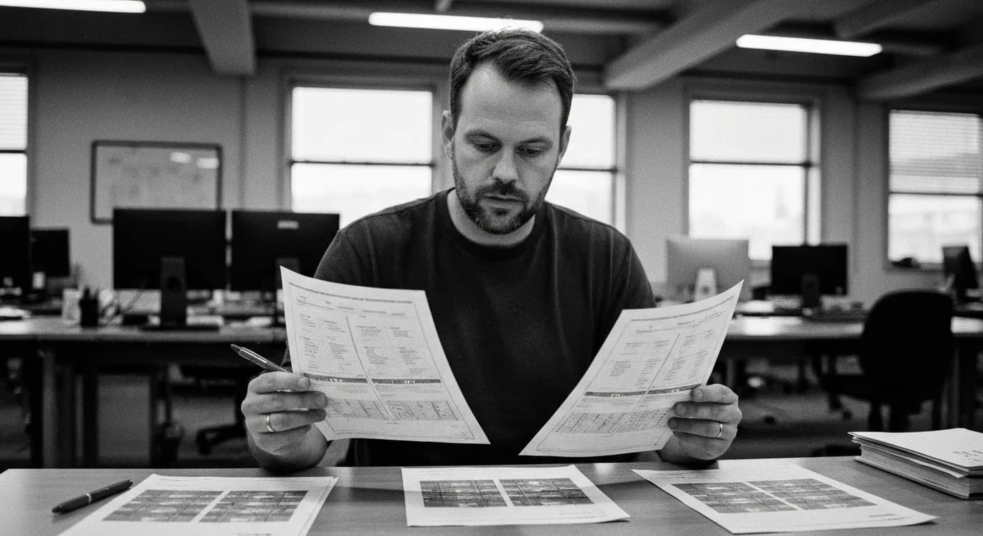 Man comparing two printed documents at his desk, marking differences with a pen while a stack of similar sheets sits nearby.