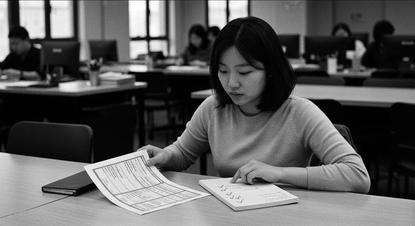 Woman comparing two printed documents at a desk, pointing to specific sections while studying differences between them in off