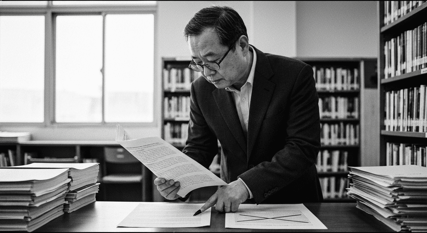 Man comparing two printed documents side by side, marking one section while examining the identical text on another copy.