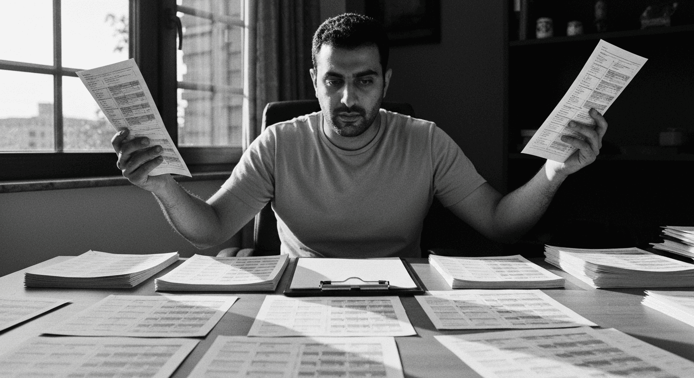 Man comparing two printed documents side-by-side while marking a clipboard, surrounded by sorted stacks of papers on a sunlit