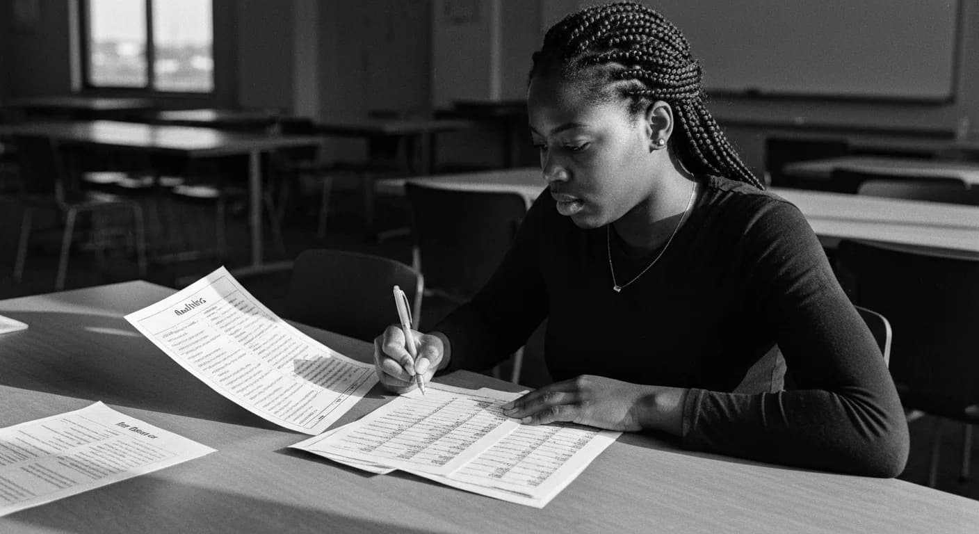 Woman holding rubric checklist while marking scored outputs on table, comparing multiple responses against predefined criteri