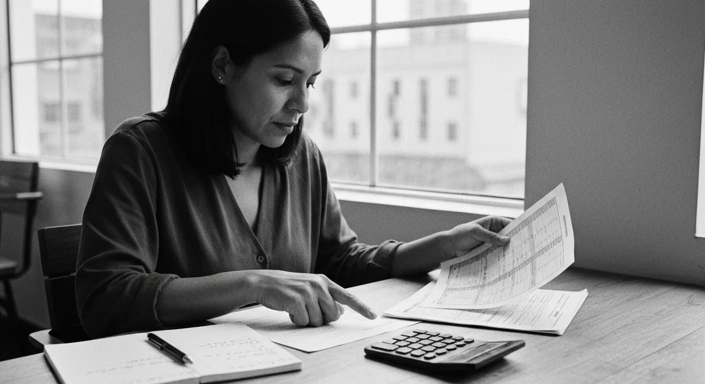 Woman comparing two printed documents side by side at a table, tracing figures with her finger while a calculator and notes s