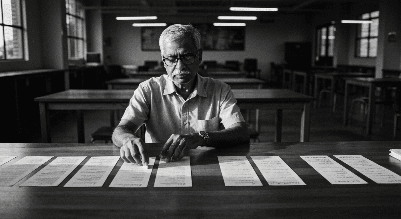 Man reviewing side-by-side pairs of prompt cards and corrected response cards laid out on a table, marking preferred examples