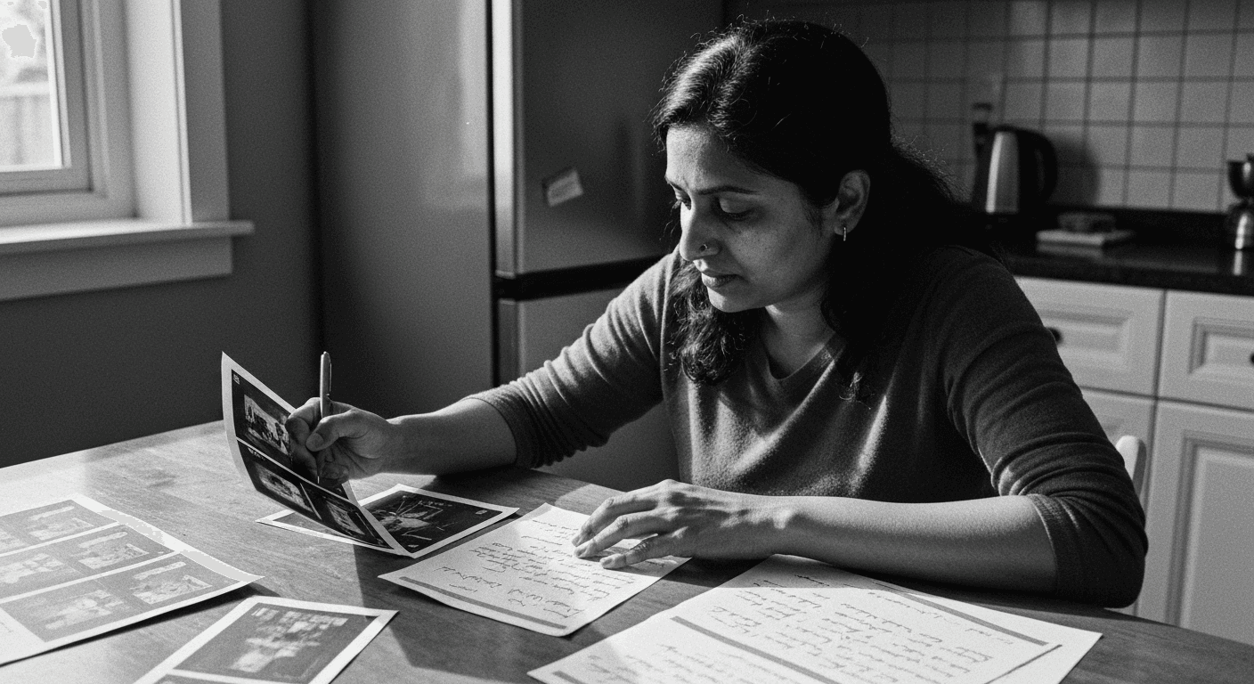 Woman at kitchen table marking differences between two printed images, with stacks of comparison sheets and notes beside her 