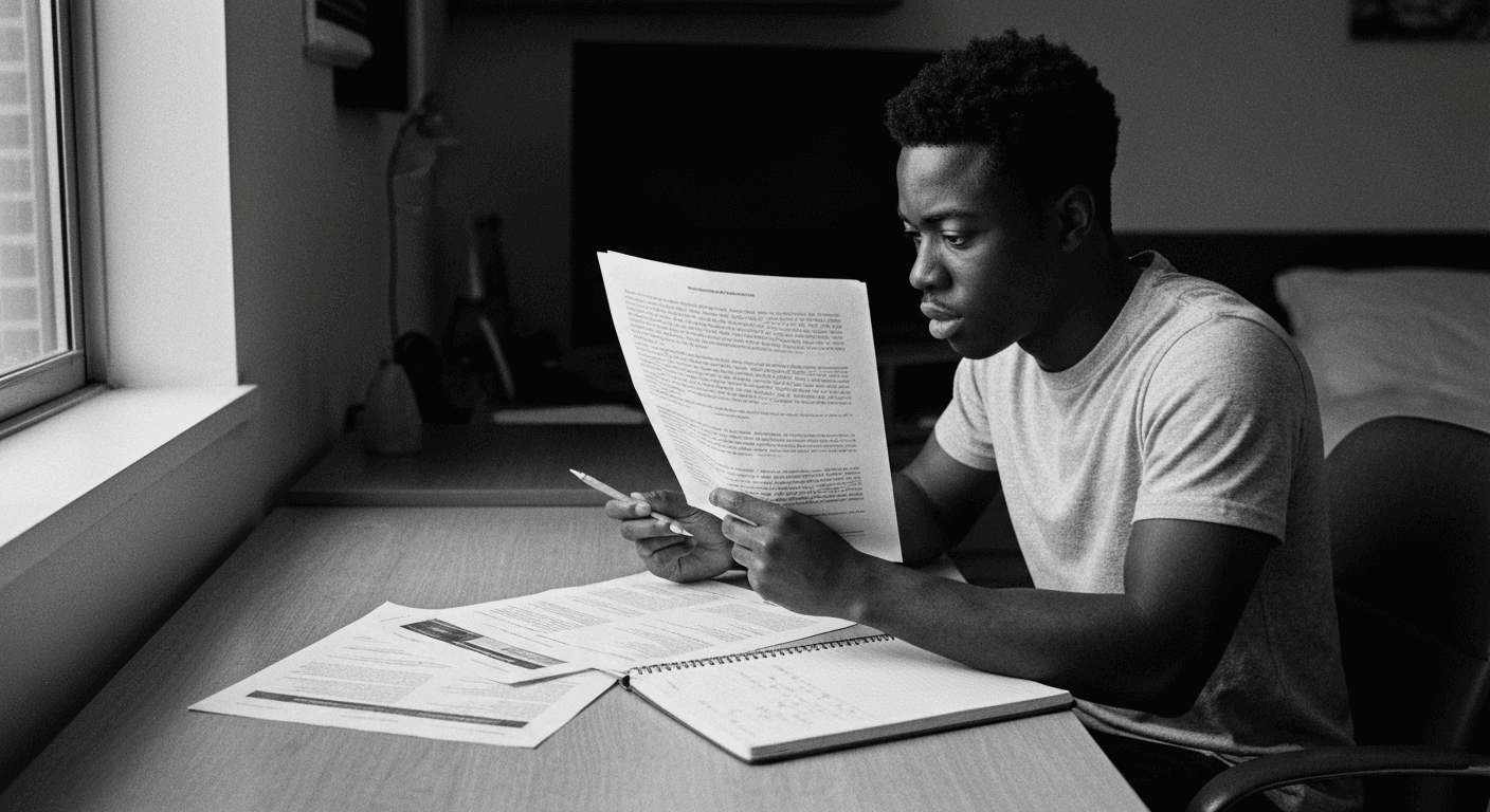 Man comparing a printed document against multiple reference pages at a desk, making notes on evaluation criteria.