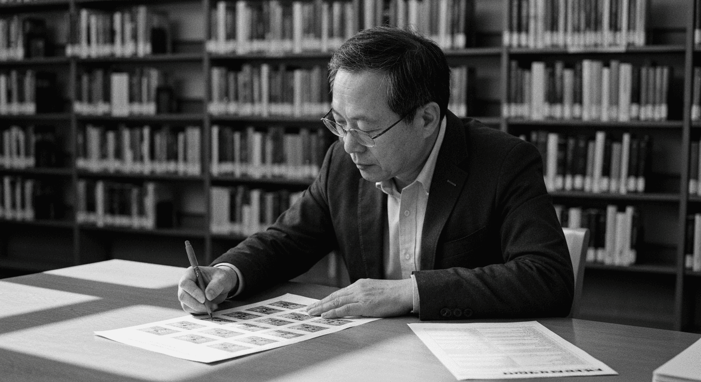 Man at library table marking printed documents with a pen, comparing them against a reference sheet, surrounded by stacked pa