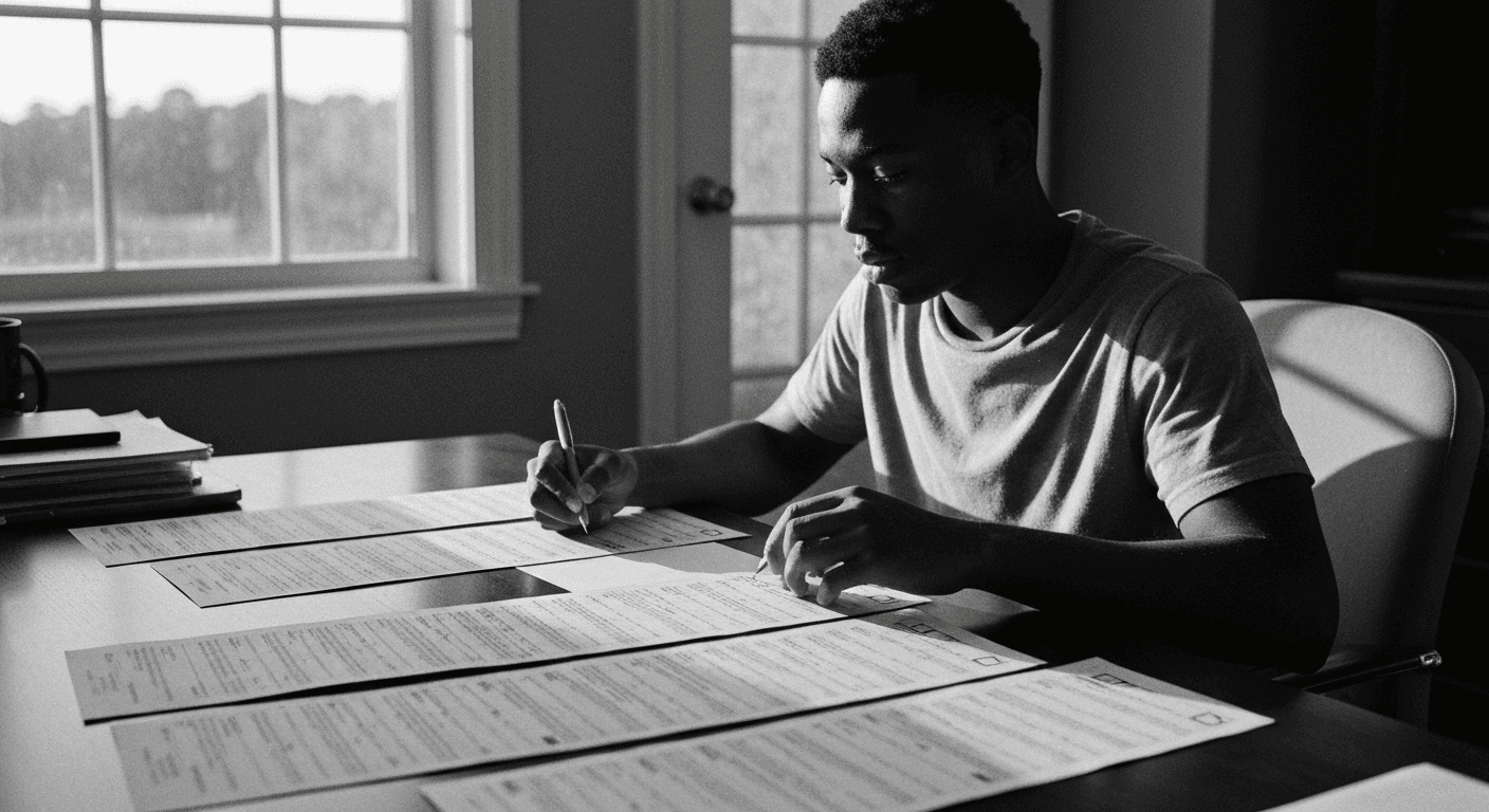 Man at desk arranging and scoring multiple printed document columns with a checklist, sunlight from window illuminating the w