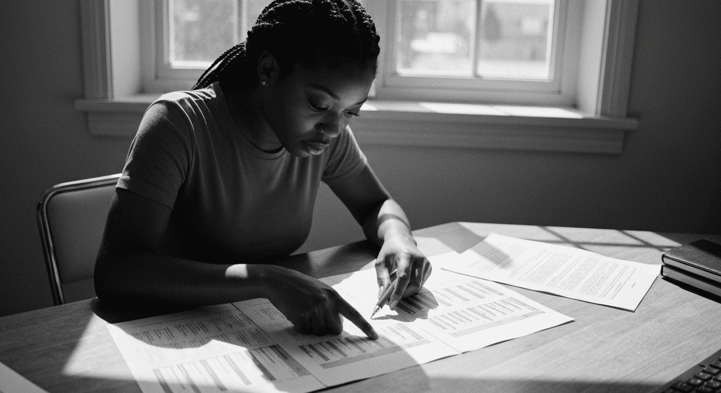 Woman at desk comparing multiple printed documents with a pen, marking notes while reviewing outputs side by side in bright n