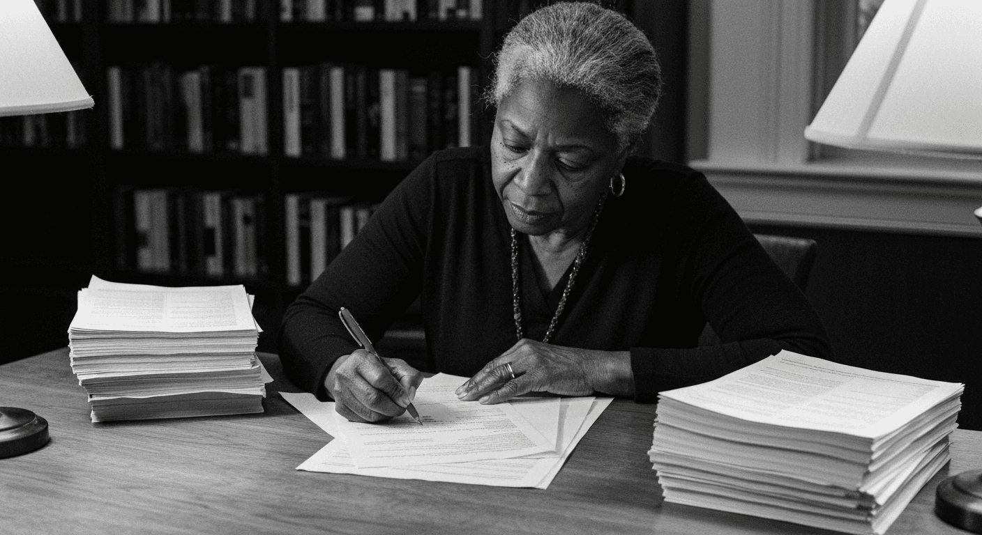 Woman marking documents with pen, comparing two stacks of papers under warm lamp in reading room