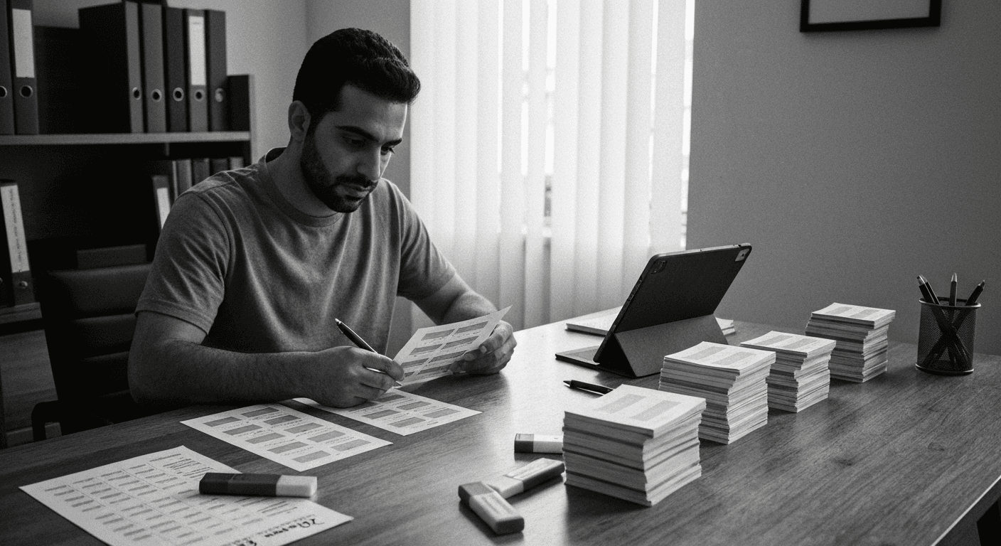 Man at home office desk organizing printed pages into tiered stacks while reviewing notes on a tablet, morning light from win
