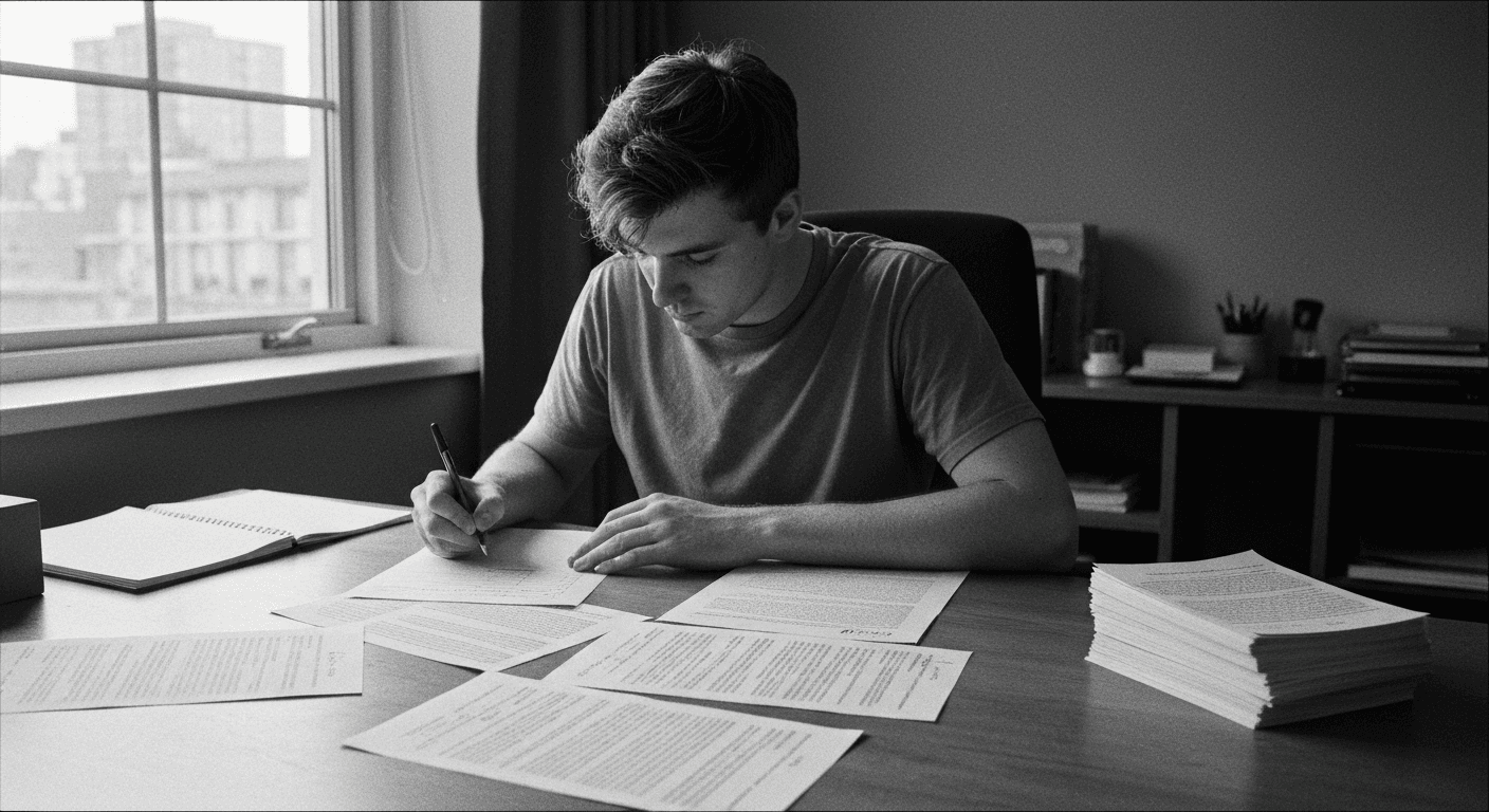 Man at home desk reviewing and annotating multiple printed documents with a pen, bright window light casting shadows across t