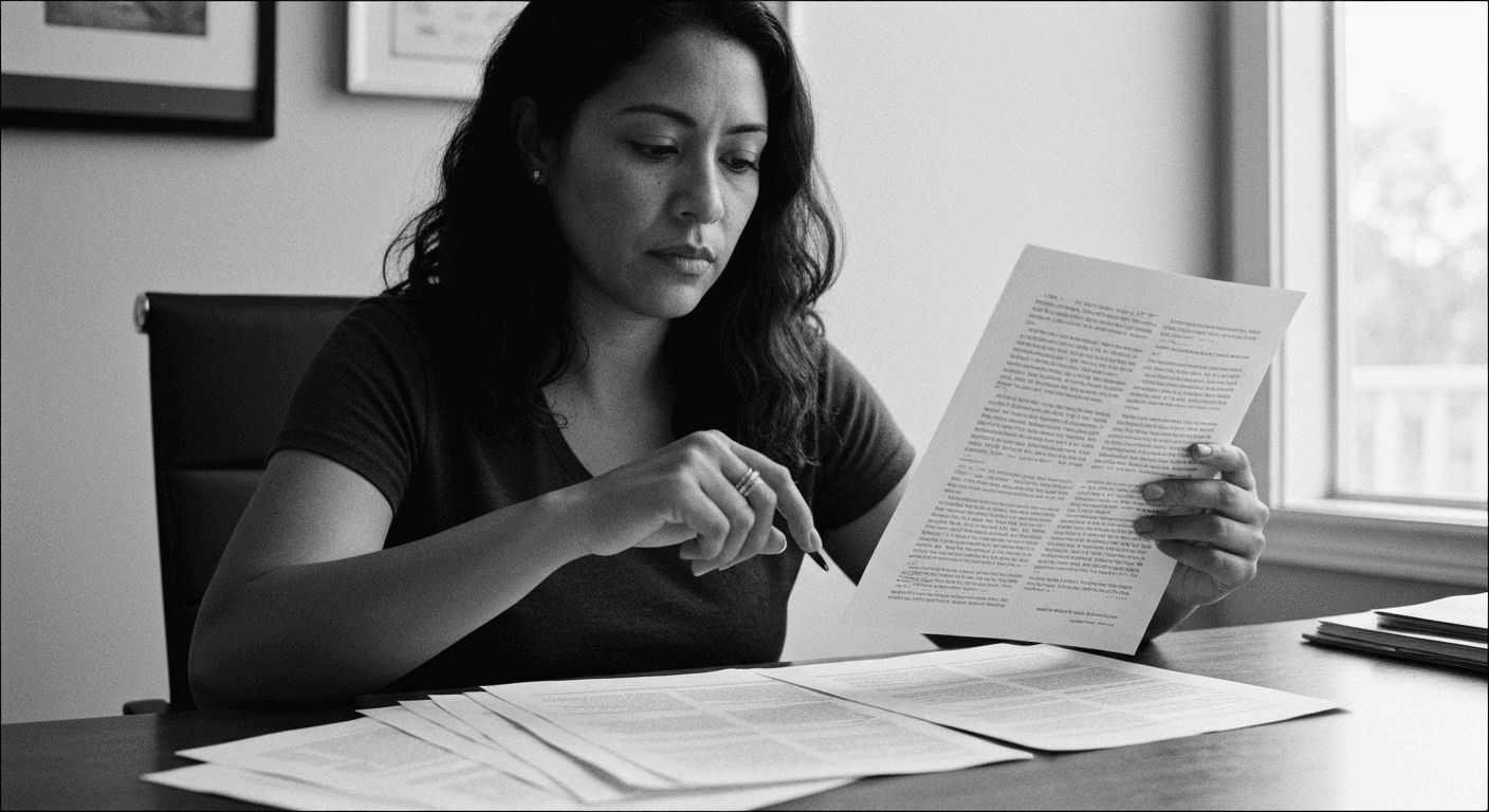 Woman comparing two printed pages side-by-side at a desk, with additional papers spread in front of her, natural window light