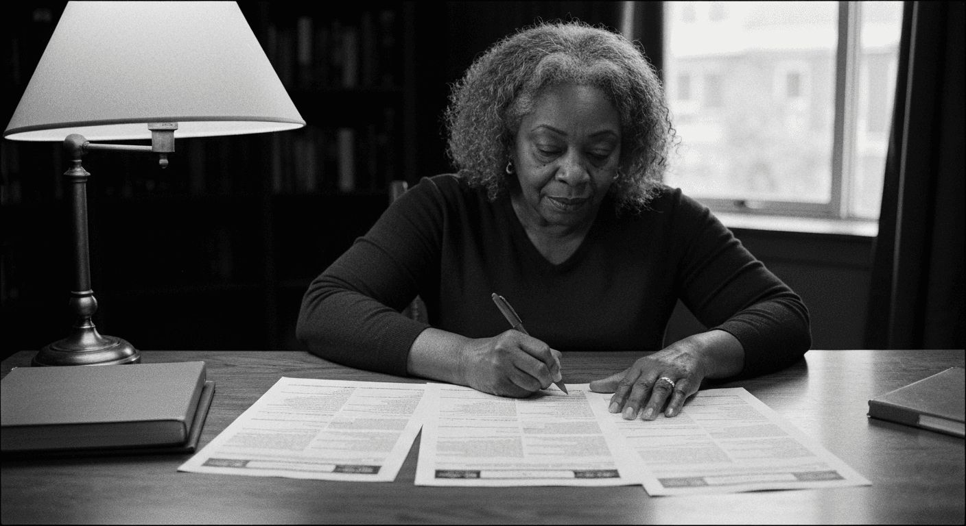 Woman reviewing multiple resume pages spread across a table, marking them with a red pen under warm lamp lighting.