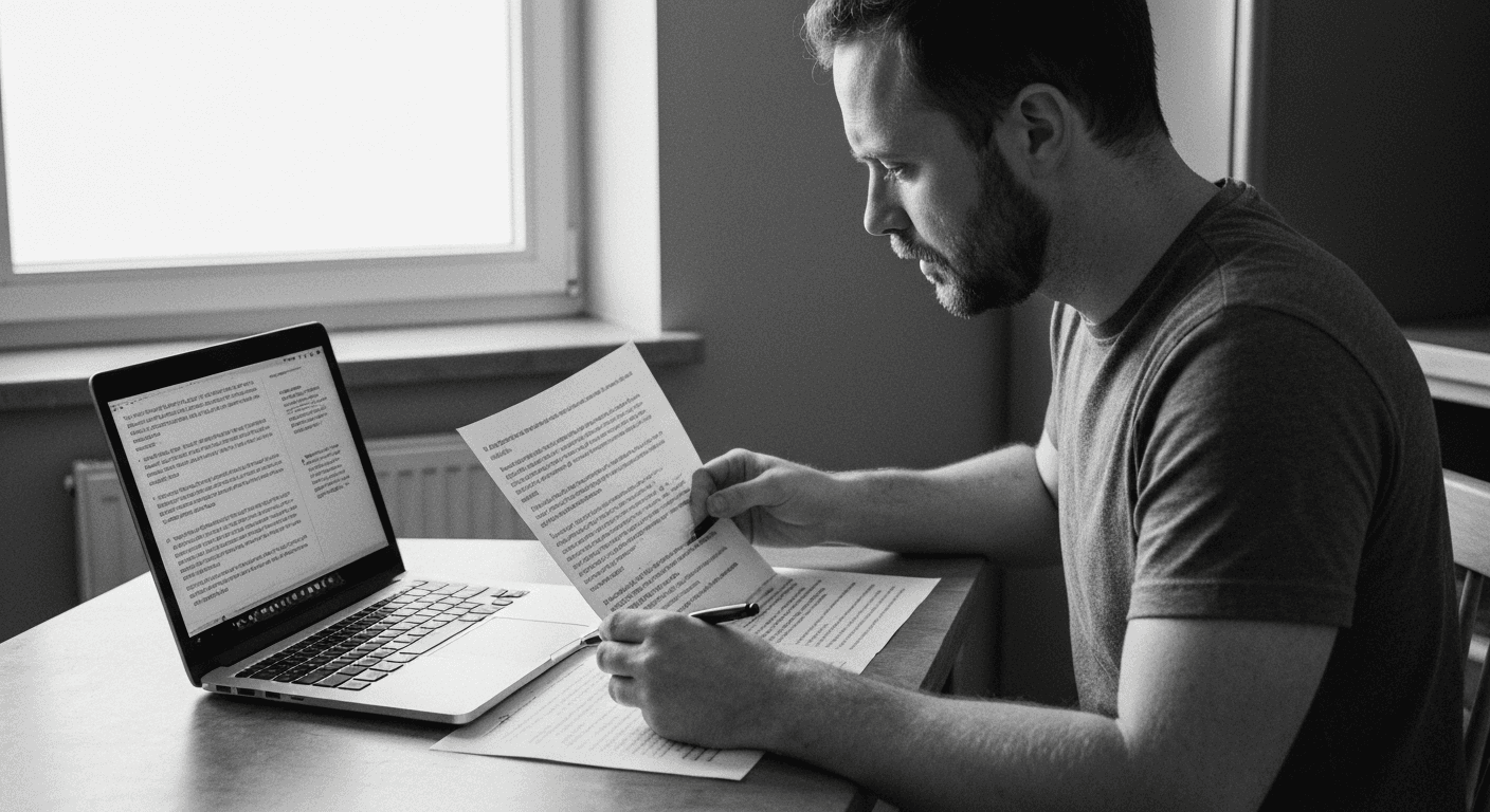 Man at kitchen table comparing printed documents with a pen, laptop nearby, evaluating written content in morning light