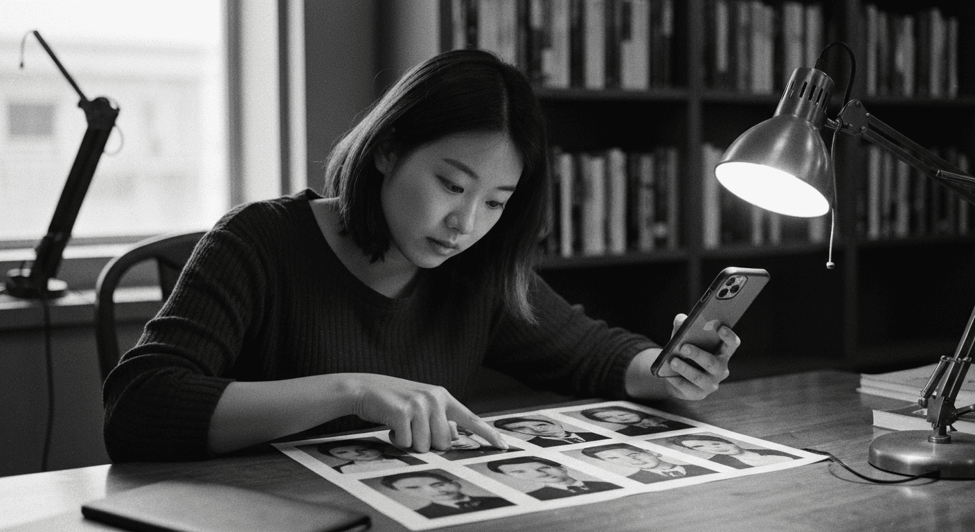Woman comparing faces on phone to printed portrait grid at desk under warm lamp