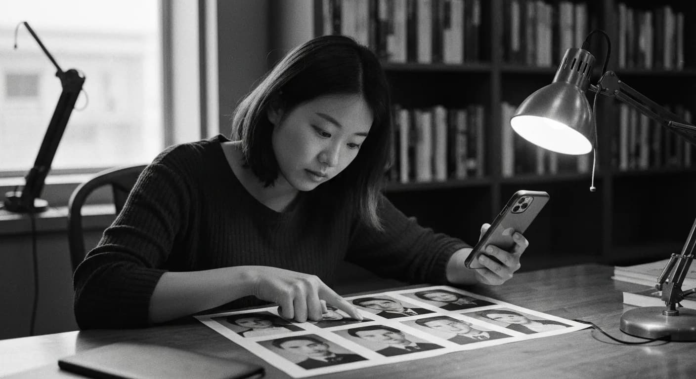 Woman comparing faces on phone to printed portrait grid at desk under warm lamp