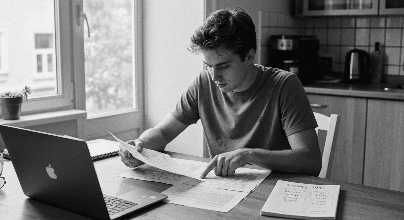 Man at kitchen table comparing two printed pages, laptop and notepad nearby, morning light from window.