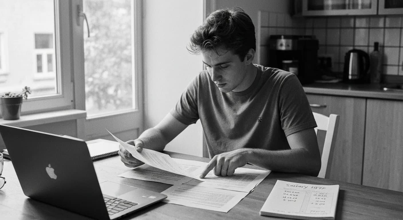 Man at kitchen table comparing two printed pages, laptop and notepad nearby, morning light from window.