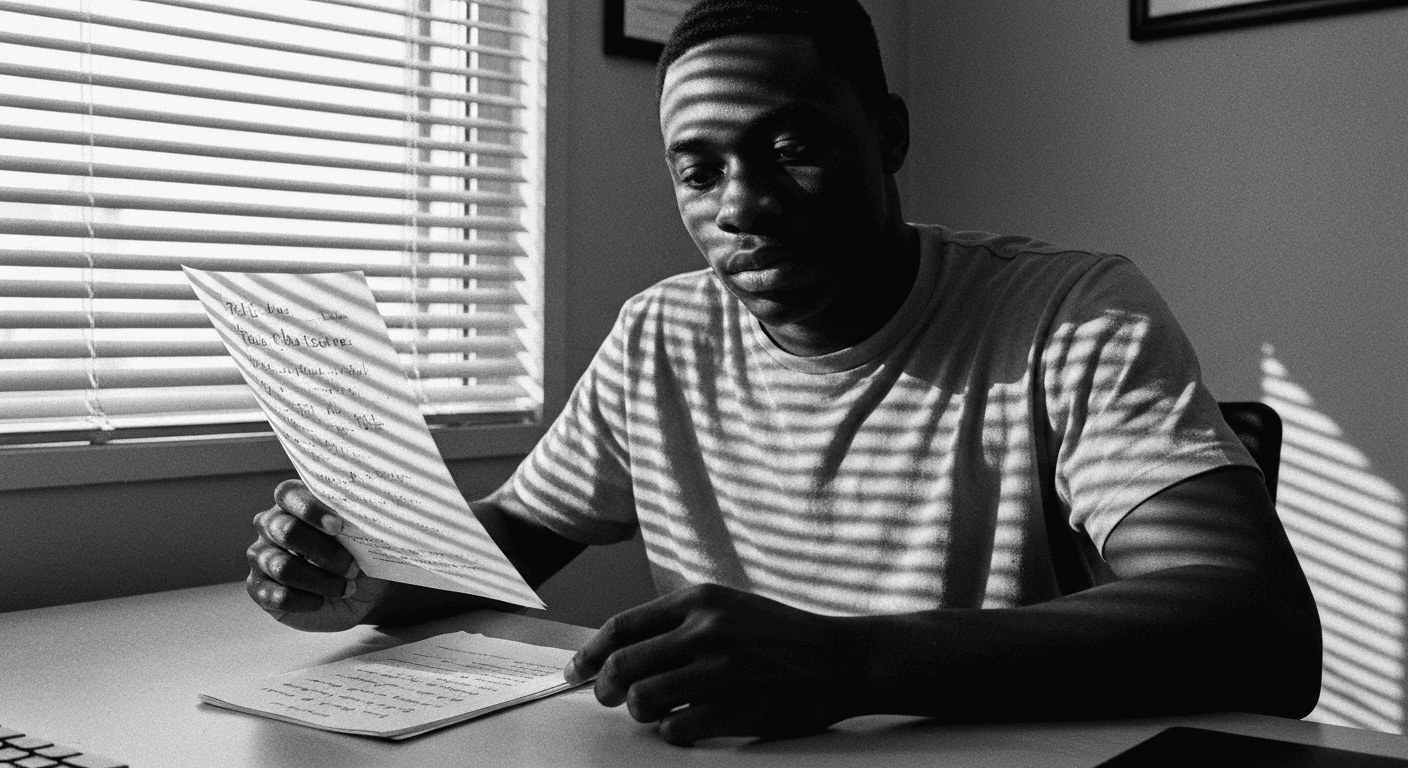 Man at desk comparing printed task cards, one held up to eye level while fingers hover over a stack below, venetian blind sha