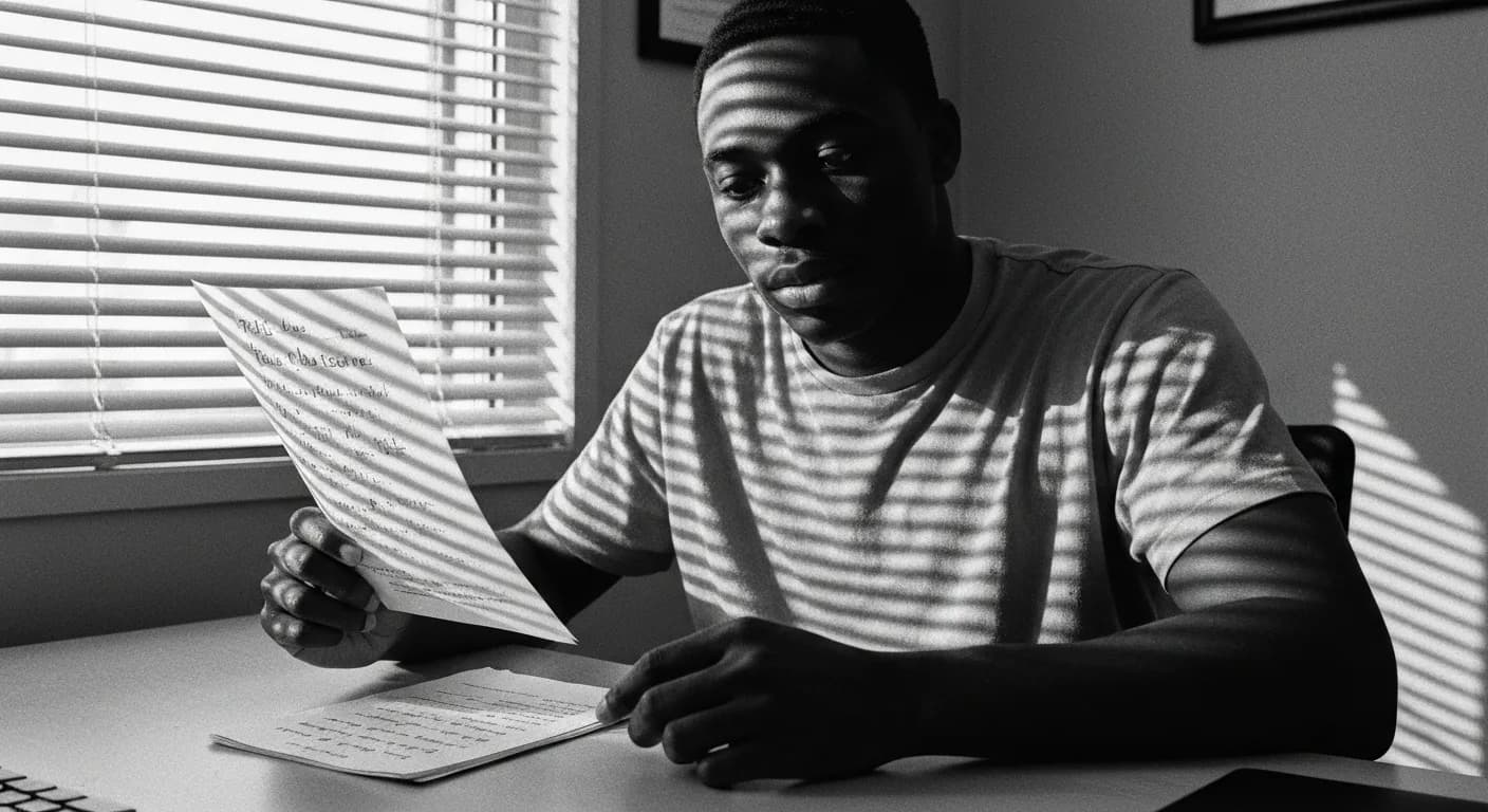 Man at desk comparing printed task cards, one held up to eye level while fingers hover over a stack below, venetian blind sha