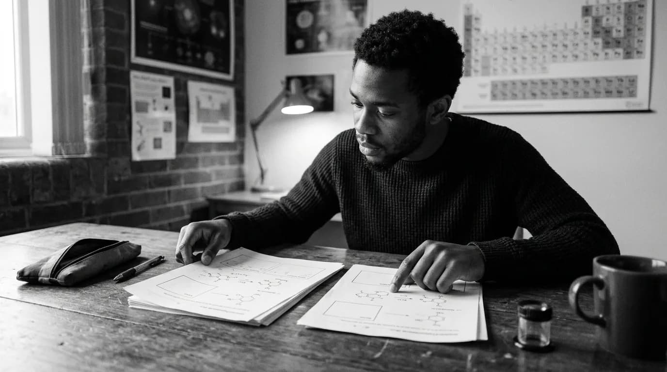 A young man at a wooden table compares two stacks of printed chemistry diagrams, marking sheets with pencil while a loupe and