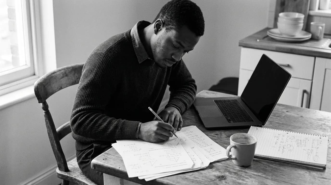 A young man at a kitchen table reviews handwritten math worksheets with a pencil, checking proof steps beside an open laptop